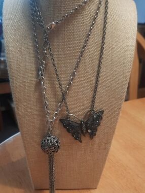 Silver-Tone Layered Butterfly & Tassel Necklace Set